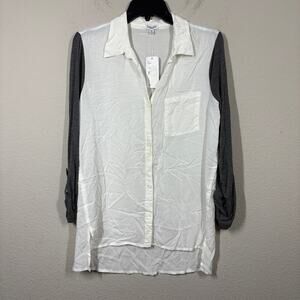 Splendid Medium Combo Roll Tab Sleeves Blouse White Gray Colorblock Button Up